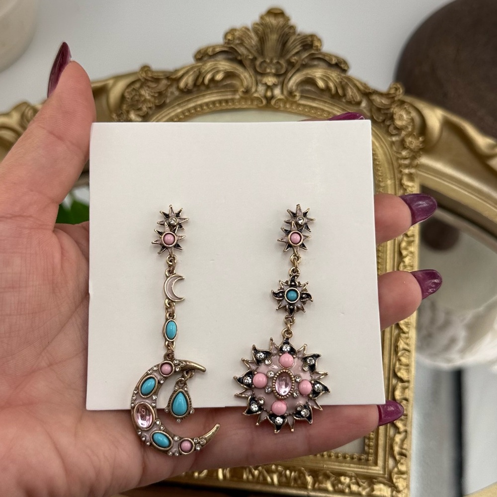 Asymmetric Moon & Sun Drop Earrings – Pink & Turquoise Crystals - Picture 5 of 7